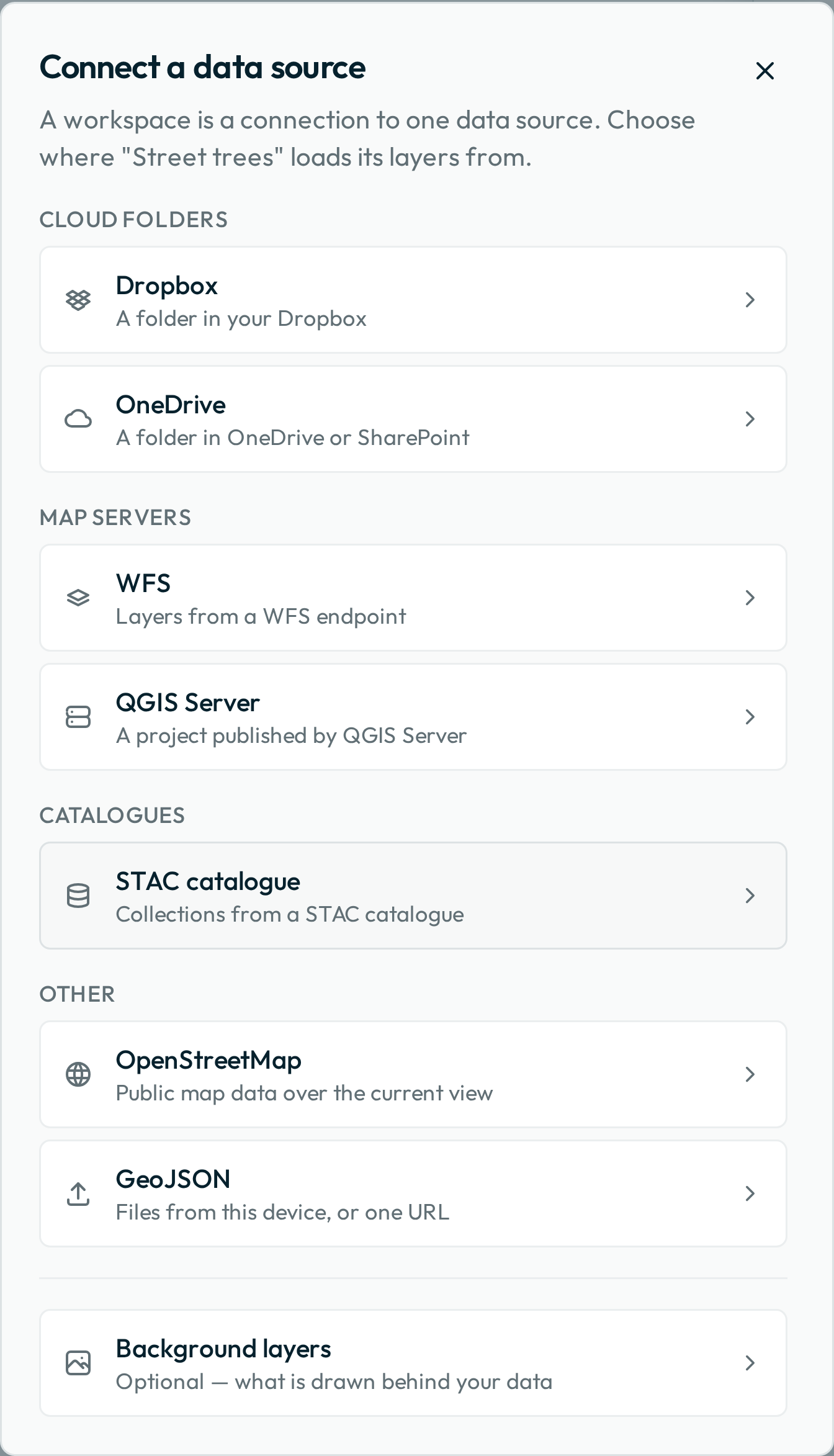 The Connect a data source dialog, listing the sources grouped as cloud folders, map servers, catalogues and other, with background layers below a rule.