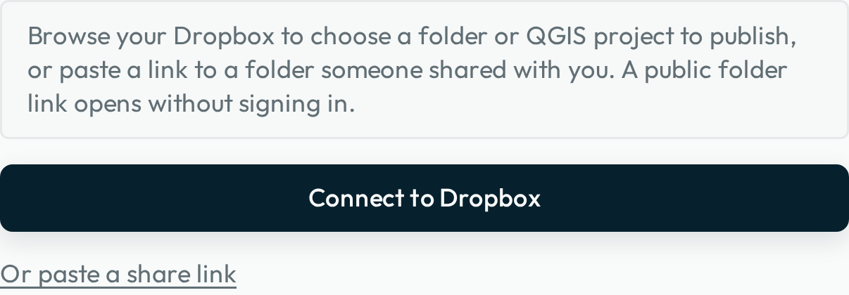 Groundwork's Dropbox panel before signing in, showing the Connect to Dropbox button above a collapsed "Or paste a share link" row.