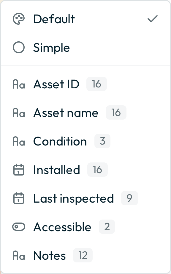The Style submenu of the layer actions menu: the styles the layer publishes and a Simple entry above the line, with the layer's own fields below it.