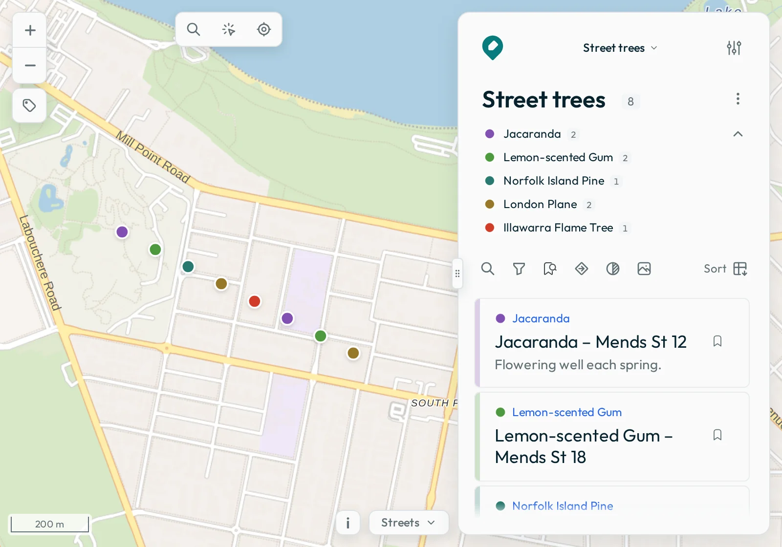 The street-trees map as it opens from a share link: the map with the styled tree points on the left, and the feature list in the Data panel on the right.
