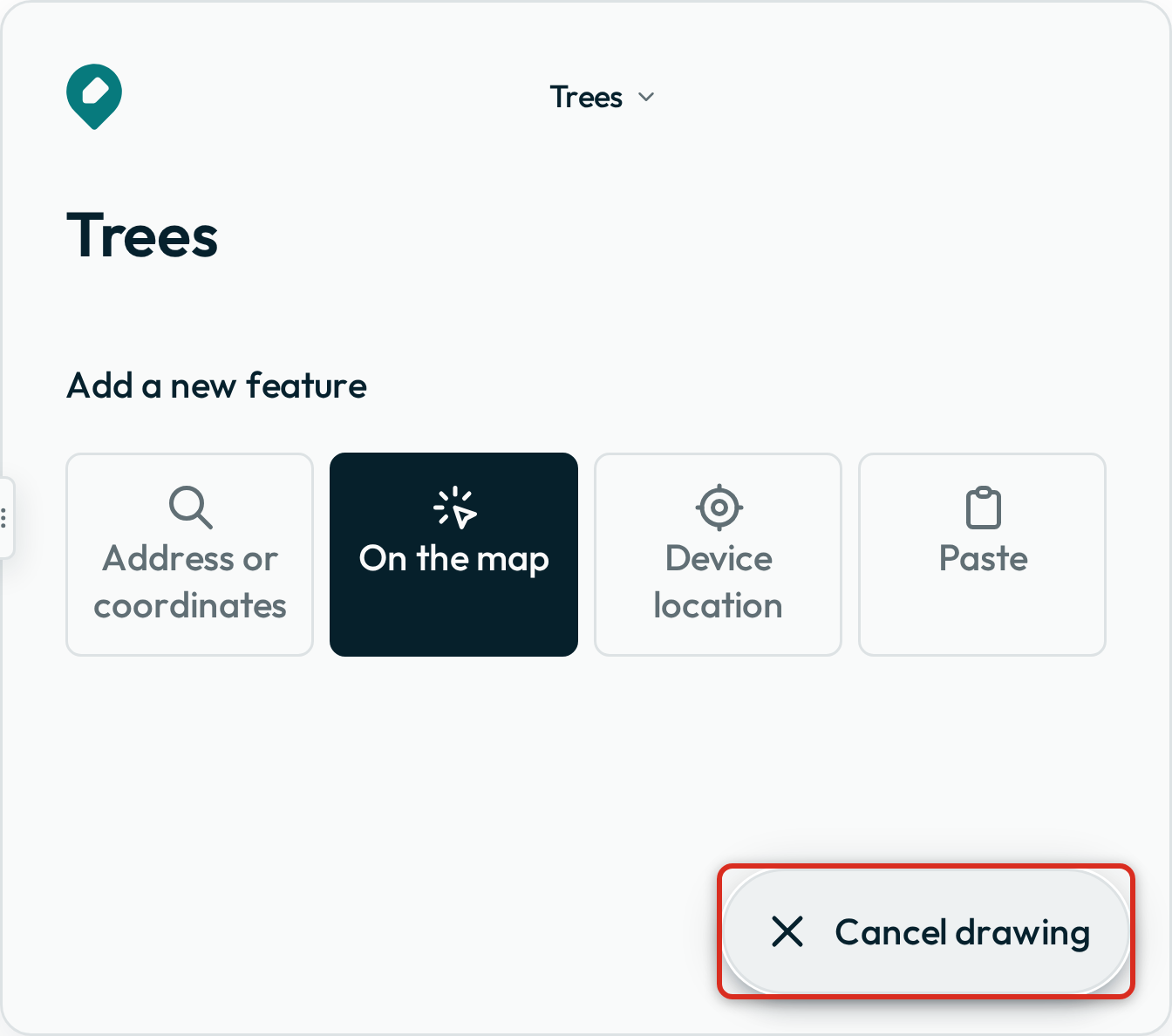 Draw mode active on the trees layer: the location tools in the Data panel, and a rectangle around the floating Cancel drawing button.