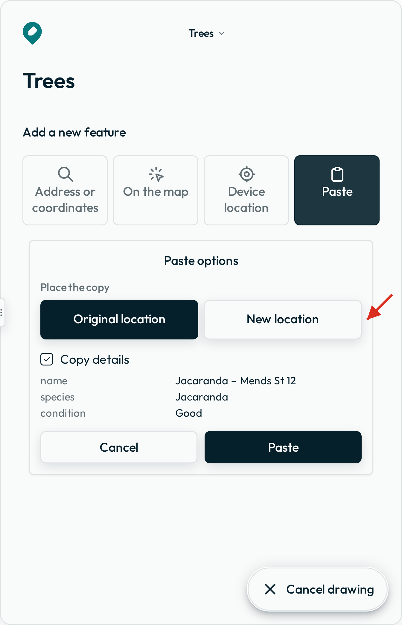 The drawing panel mid-capture, with Paste options open under the location tools: Original location and New location, Copy details with the fields it fills, and an arrow on New location.