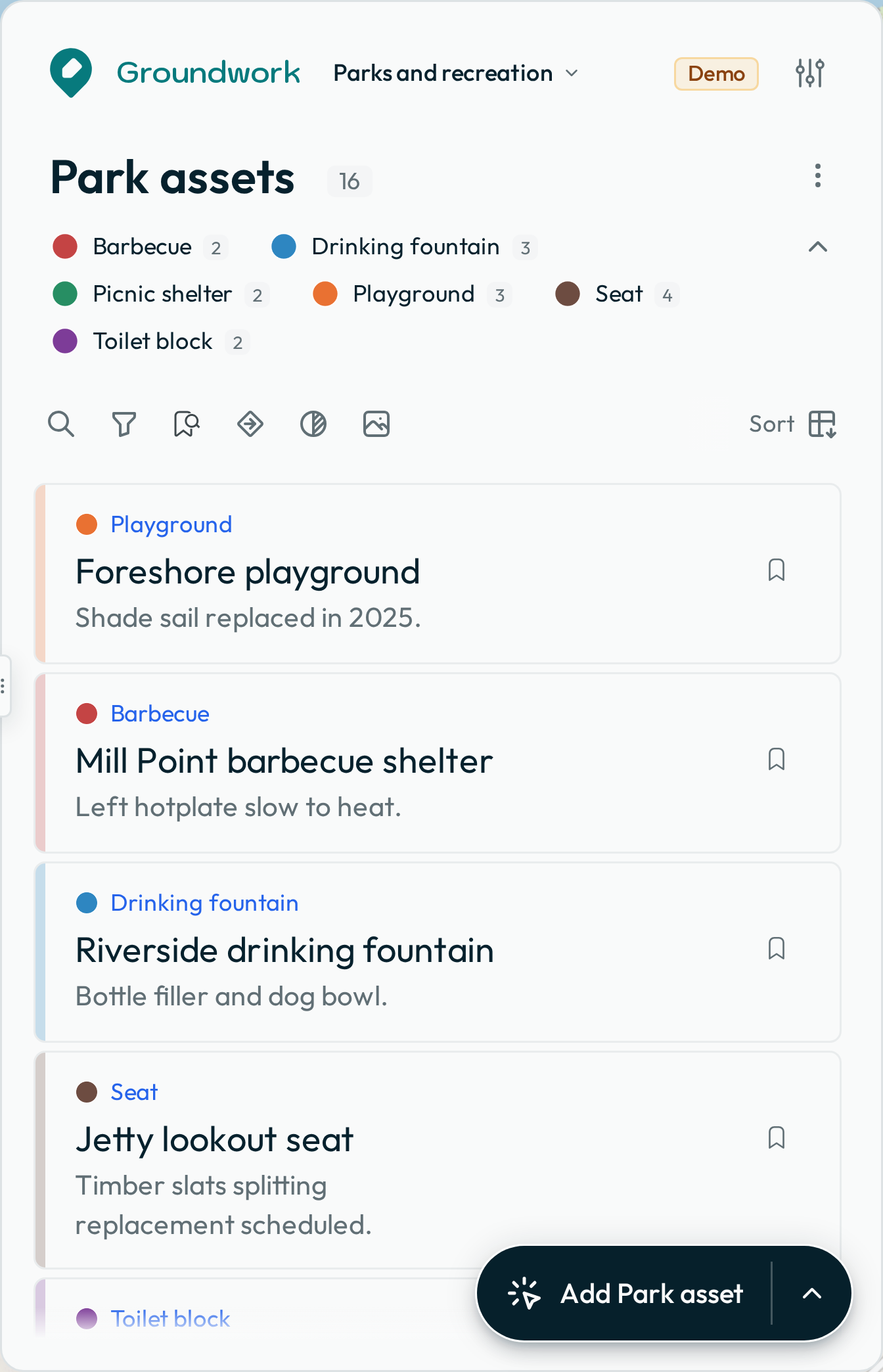 The Parks and recreation map loaded, with the Park assets feature list visible in the Data panel.