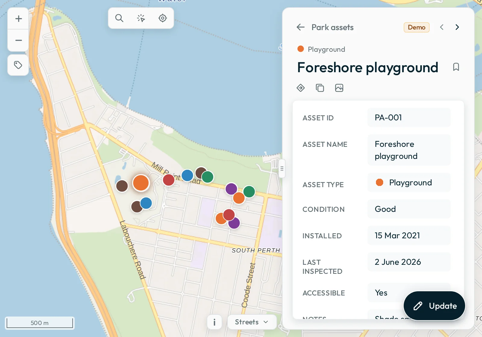 The Foreshore playground selected on the Parks and recreation map: the map with the playground highlighted, and its details open in the Data panel.