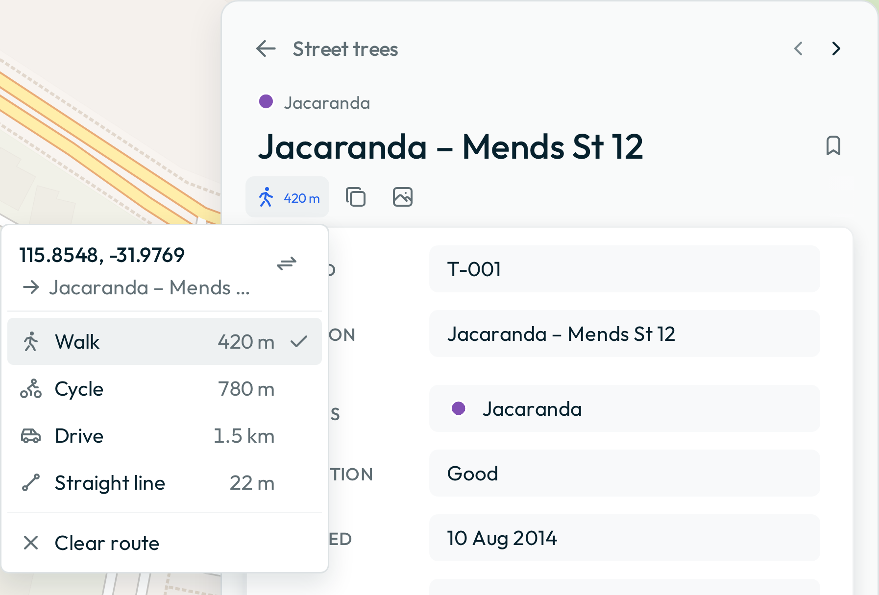 The Data panel with a tree selected and its route popover open beside it: a location pin is set, and the four travel options each show a measured distance, with Walk ticked as the drawn route.