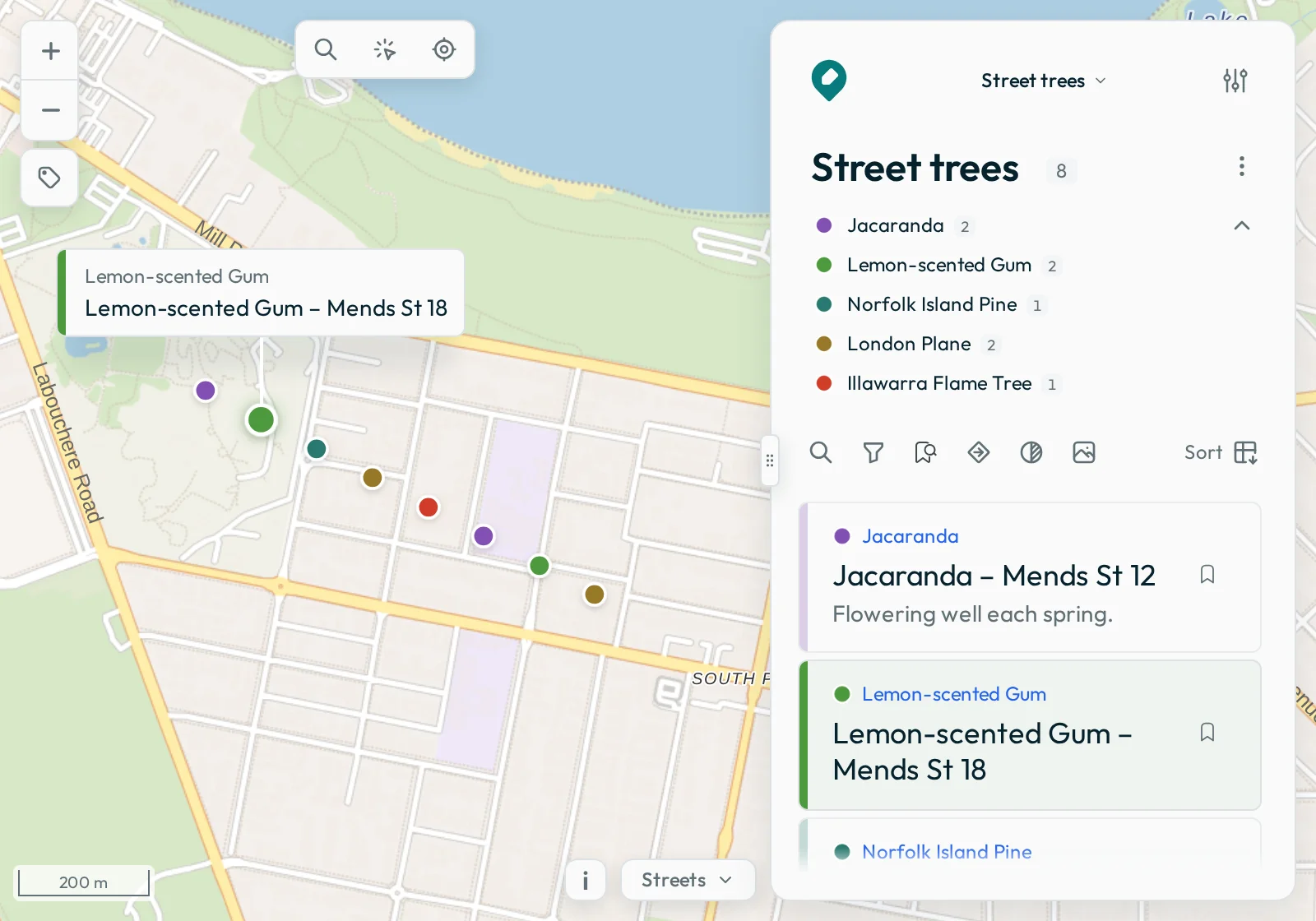 The pointer resting on a tree in the list: the map shows a small copy of its row above the tree, joined to it by a line.