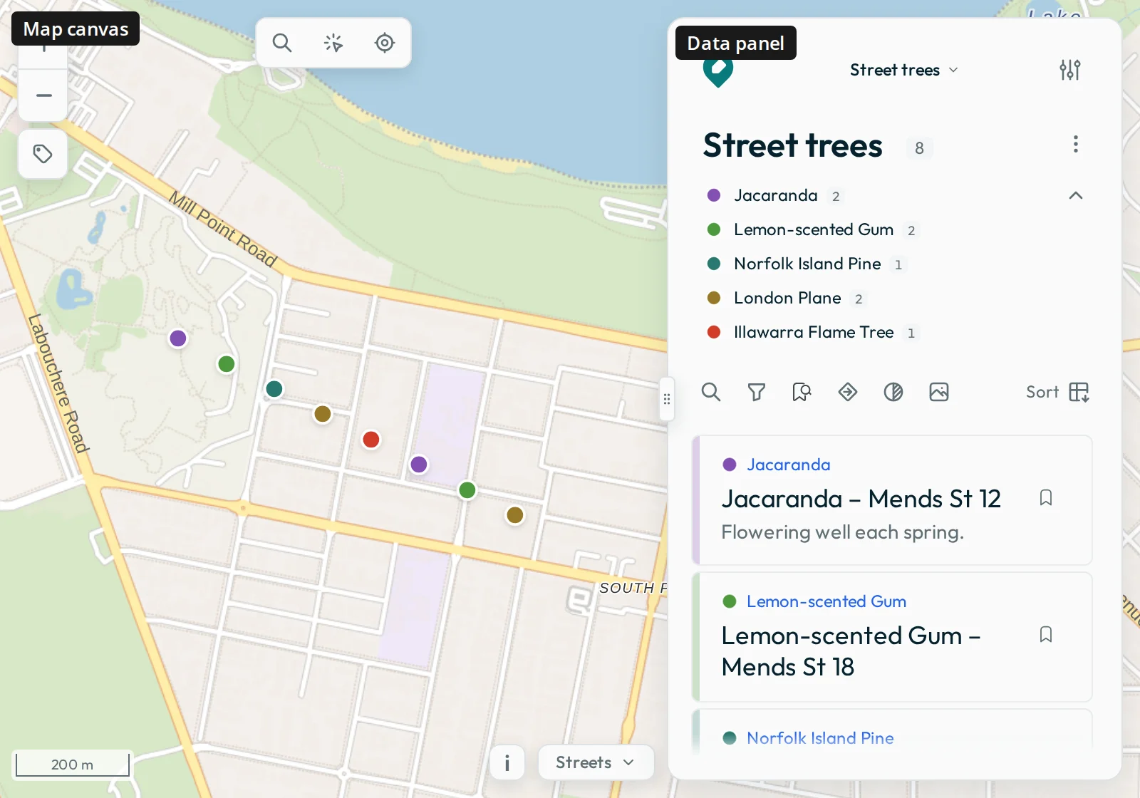 The street-trees example loaded, with no feature selected: the map on the left labelled "Map canvas", and the feature list in the Data panel on the right, labelled "Data panel".