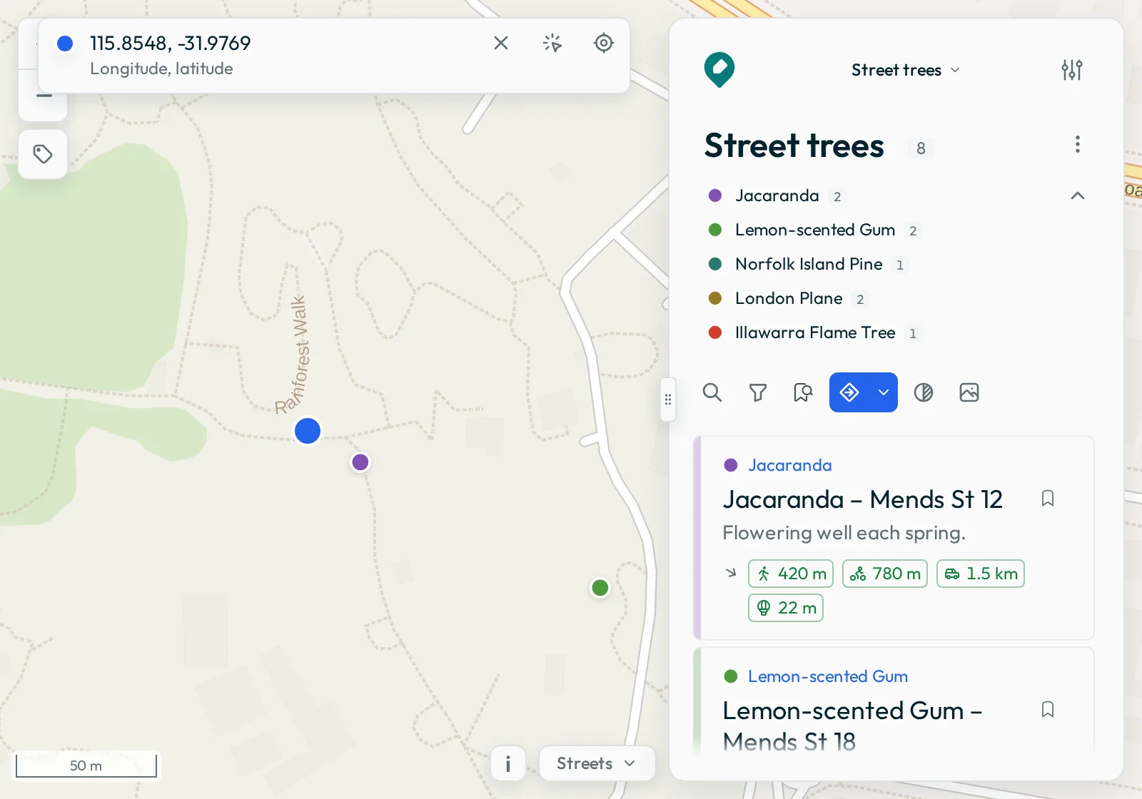 Nearby on: the map with the pin at the set location and the features nearest to it, the location box above it, and the list in the Data panel ordered by distance from the pin.