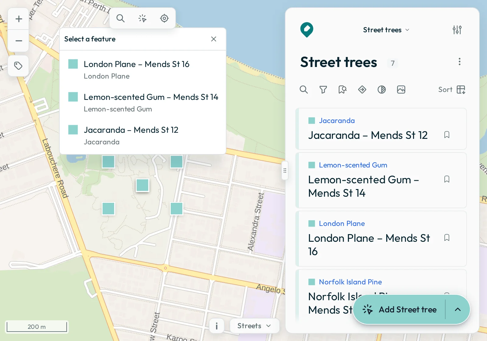 Three trees at one place on the map: the small list that opens where they overlap, with a row for each tree, over the map and the Data panel.