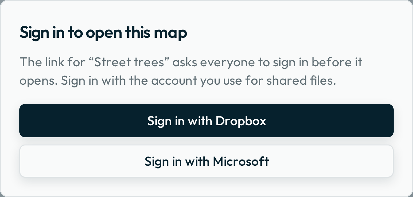 The "Sign in to open this map" window, offering a Sign in with Dropbox button and a Sign in with Microsoft button.